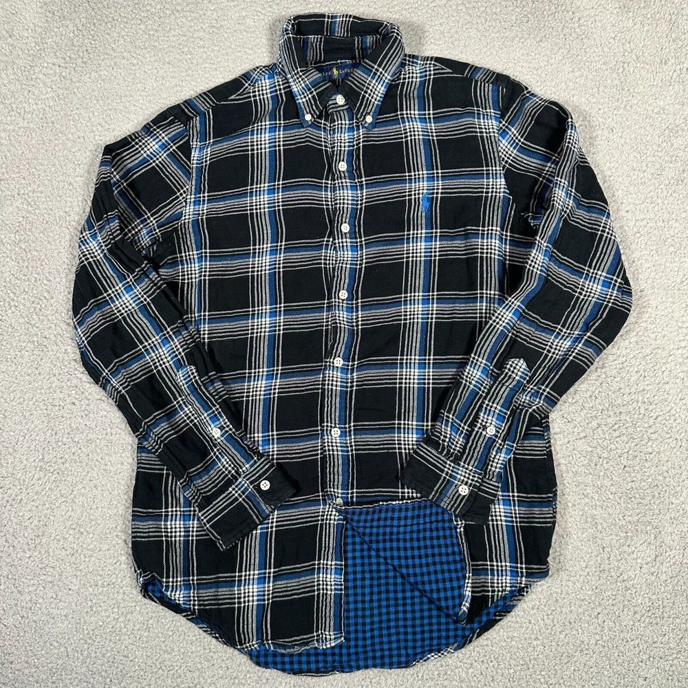 Polo Ralph Lauren Shirt Mens Small Black Blue Plaid Flannel Lined Button‎ Down